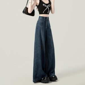 Dark blue wide-leg jeans women's pre-autumn thin 2024 new loose drape floor-length straight-leg pants spring and autumn