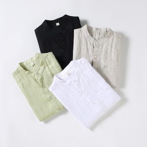 Solid color linen shirt men's short-sleeved summer base breathable thin linen clothes Chinese style retro casual top