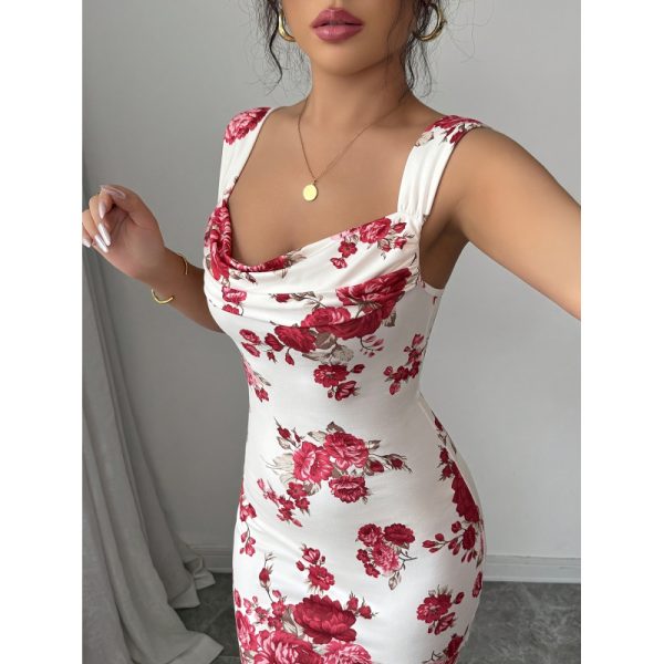 Spot foreign trade, Amazon independent station, cross-border women's drape-neck rose print, elegant and leisurely long fishtail dress - Image 3