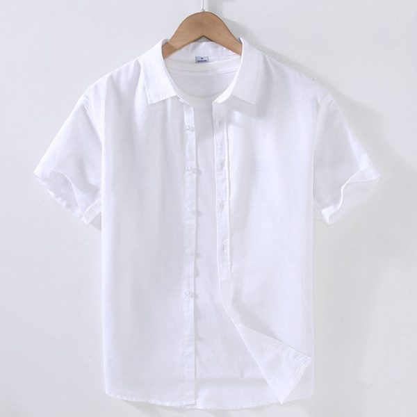 Men's simple and versatile short-sleeved shirt solid color button texture comfortable breathable fresh business casual cotton and linen shirt - Image 3