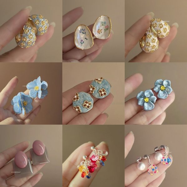 Embossed haze blue French retro drip glaze rose flower zircon earrings women's light luxury sense of luxury niche temperament