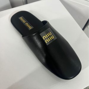 Top layer cowhide miu family flat half slippers women's 2024 autumn new leather mango yellow slippers