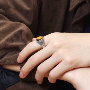 The new S925 silver tiger's eye stone live mouth men's ring retro style natural gift opening ring golden feeling