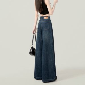 Dark blue wide-leg jeans women's pre-autumn thin 2024 new loose drape floor-length straight-leg pants spring and autumn