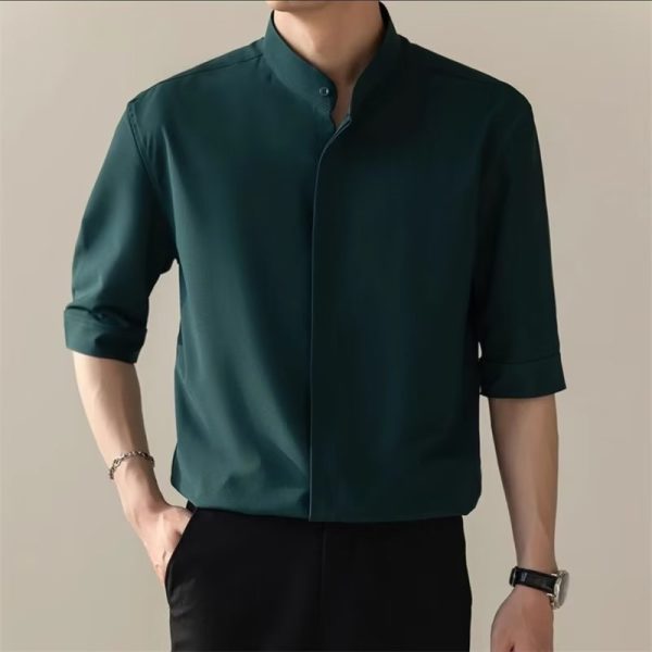 Summer stand-up collar ice silk short-sleeved shirt men's ins trendy brand new Chinese light mature style slim non-iron five-and-a-half shirt
