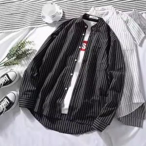 2022 Spring and Autumn New Stand Up Collar Striped Long Sleeve Shirt Men's Trendy Thin Shirt Student Casual Top Men's