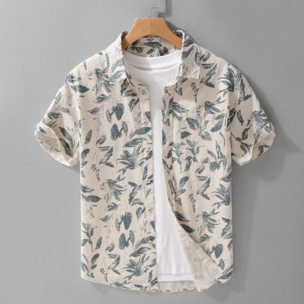 Summer linen personality print comfortable short-sleeved shirt casual breathable linen shirt floral men