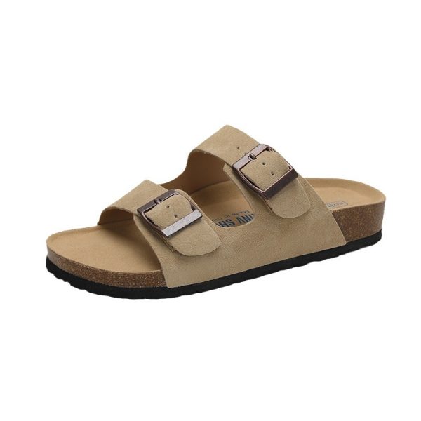 Cowhide version of Su Yinyin, the same cow reverse velvet retro buckle beach casual couple thick-soled plus-size Boken slippers women - Image 5