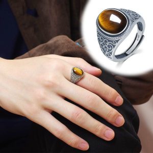 The new S925 silver tiger's eye stone live mouth men's ring retro style natural gift opening ring golden feeling
