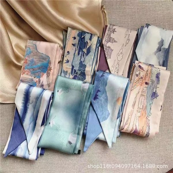 French silk scarf bow tie hair retro national style oil painting silk scarf headband female tie turban long strip streamer Korean version