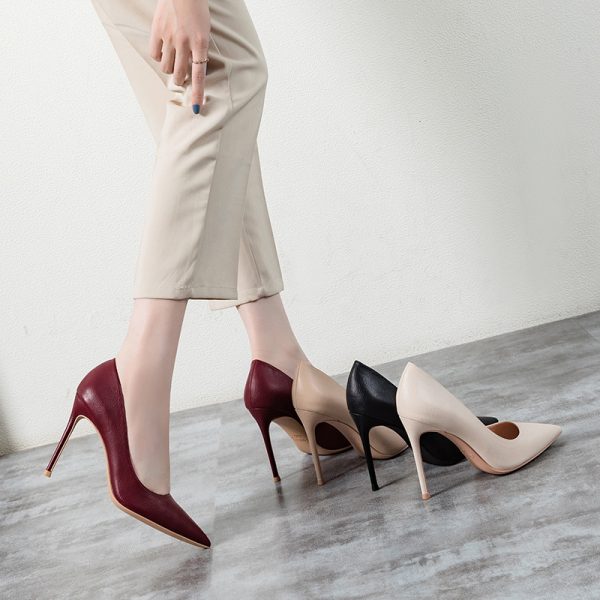 Lychee pattern high heels pointed toe single shoes women's Korean temperament sheepskin sole high heels one foot solid color stiletto women's shoes
