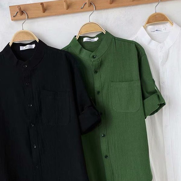 2023 summer new men's linen stand-up collar five-point mid-sleeve shirt tide men's cotton and linen loose large size casual shirt - Image 5