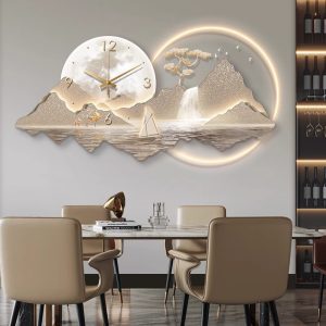 Rizhao Jinshan Restaurant is decorated with light luxury, high-end atmosphere, dining room with clock, hanging wall, living room, creative wall clock