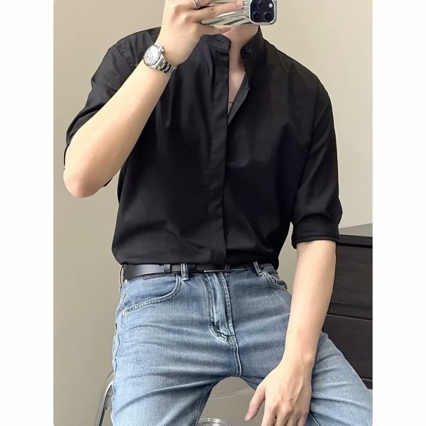 Summer stand-up collar ice silk short-sleeved shirt men's ins trendy brand new Chinese light mature style slim non-iron five-and-a-half shirt - Image 3