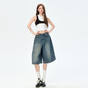 2025 American retro five-point jeans women's summer new loose high-waisted relaxed wide-leg five-point pants