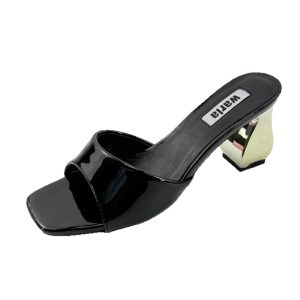 High heels women, summer 2025 Korean version of simple thick high heels, square toe, patent leather, one-strap slippers, women's sandals, women