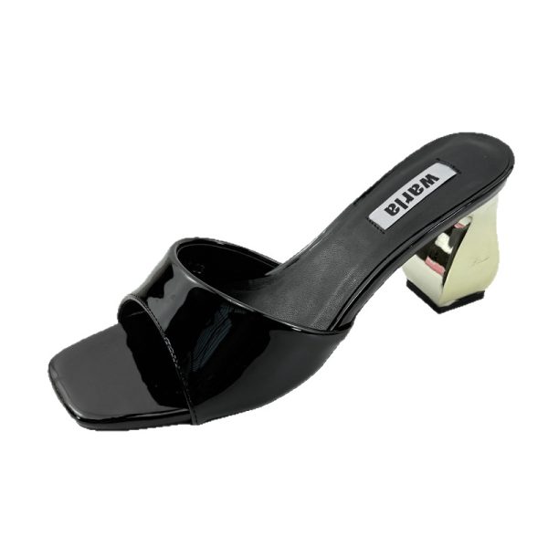 High heels women, summer 2025 Korean version of simple thick high heels, square toe, patent leather, one-strap slippers, women's sandals, women - Image 5