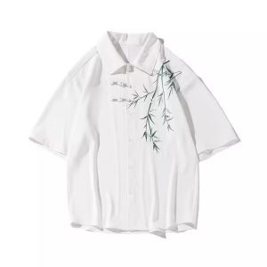 Chinese style shirt, bamboo embroidered shirt, men's antique Tang costume, plate buckle design, short-sleeved shirt jacket