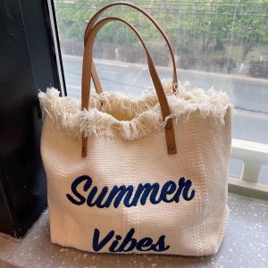 Large Capacity Bags, Canvas Bags, Embroidered Letters, Tote Bags, Women's Bags, Woven Beach Bags, Shoulder Bags