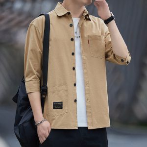 Summer 2025 Trendy Versatile Cropped Sleeve Shirt Men's Cargo Shirt Loose Fit Short Sleeve Jacket