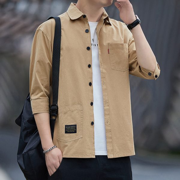 Summer 2025 Trendy Versatile Cropped Sleeve Shirt Men's Cargo Shirt Loose Fit Short Sleeve Jacket - Image 4