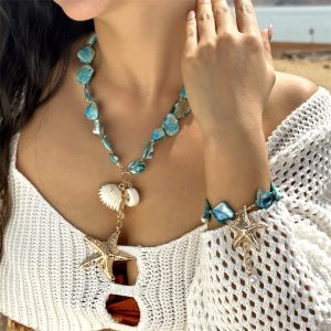 European and American cross-border new starfish shell beaded necklace imitation pearl beaded layered coarse gold necklace niche jewelry women