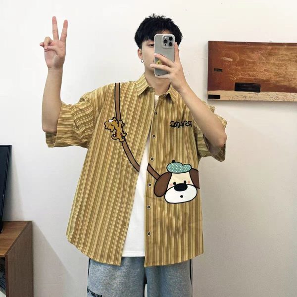 American retro trendy brand cartoon anime short-sleeved shirt men's summer thin loose and versatile casual shirt jacket men