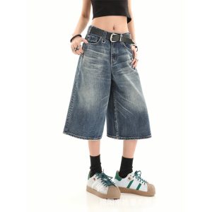 Summer American retro loose small man old-fashioned denim women's high street design sense wide leg 7 points pants summer cross