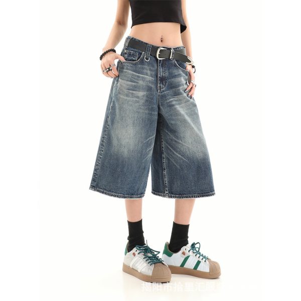 Summer American retro loose small man old-fashioned denim women's high street design sense wide leg 7 points pants summer cross
