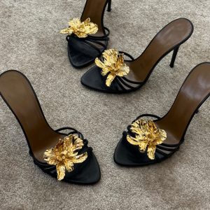 Spring/Summer 2025 New Fashionable Ultra High Heeled Metallic Flower Sandals Temperament Sexy Stiletto Open Toe Women's Shoes