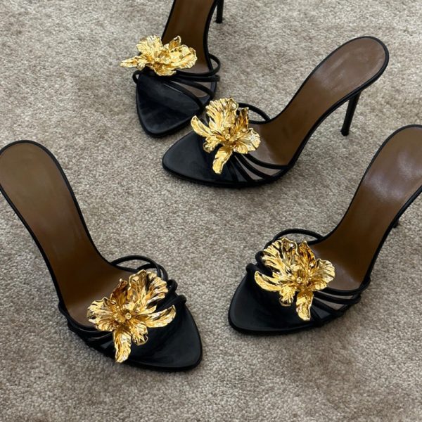 Spring/Summer 2025 New Fashionable Ultra High Heeled Metallic Flower Sandals Temperament Sexy Stiletto Open Toe Women's Shoes