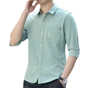 Ice silk stretch three-quarter sleeve shirt men's summer thin versatile short-sleeved shirt men's casual mid-length sleeve top