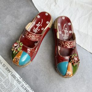 shoes cross-border hit 2025 summer new cowhide sandals ethnic style flower handmade platform women's shoes