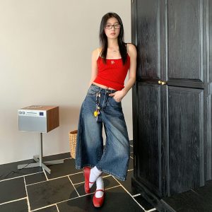 New vintage washed distressed texture high-waisted loose casual wide-leg pants cropped jeans women's trend