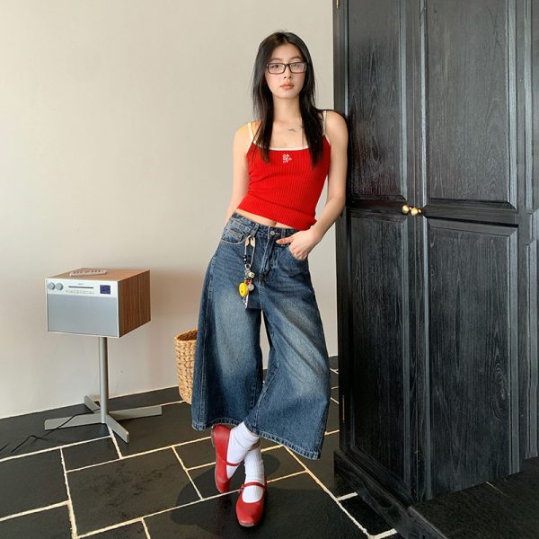 New vintage washed distressed texture high-waisted loose casual wide-leg pants cropped jeans women's trend