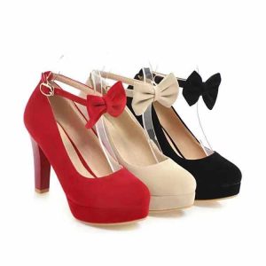 2021 Solid Color Office Low Top Round Toe Women's Thick Heel High Heel Bow Buckle Red Shoes