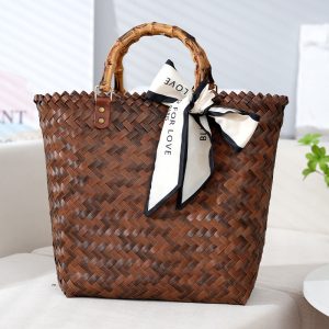 Large hand-woven bag fashionable and versatile woven cabbage basket vintage imitation bamboo bag beach handbag