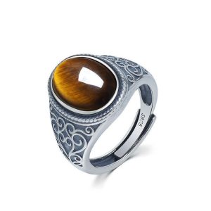 The new S925 silver tiger's eye stone live mouth men's ring retro style natural gift opening ring golden feeling