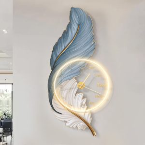 Modern light luxury acrylic feather porch decorative painting entrance hallway background wall LED wall lamp hanging picture with clock