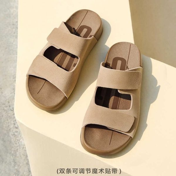 Cowhide version ~ Boken slippers women's outerwear summer 2025 leather retro Velcro one-line soft-soled casual sandals - Image 2