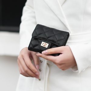Small fragrance wind women's wallet women's short coin purse simple diamond checkered wallet large capacity sheepskin wallet genuine leather card bag