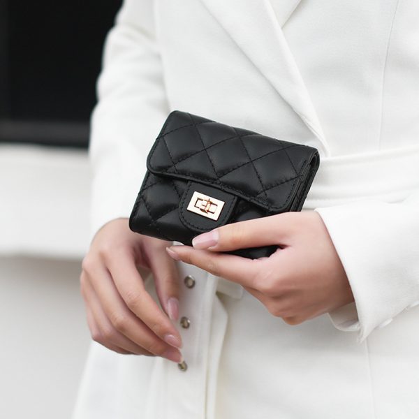 Small fragrance wind women's wallet women's short coin purse simple diamond checkered wallet large capacity sheepskin wallet genuine leather card bag