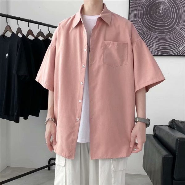 Summer solid color short-sleeved shirt, men's Korean version, trendy, versatile, loose, Hong Kong-style, Japanese-style literary bf, five-quarter sleeve top - Image 2