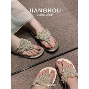 Sheepskin version ~ bohemian sandals, women's pearls, rhinestones, temperament, celebrities, noblewomen, slippers, women's wear high-end shoes