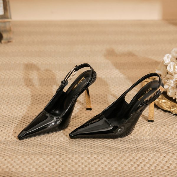 Spring 2024 new black small gold bar stiletto heels pointed toe patent leather temperament with a toe sandal women