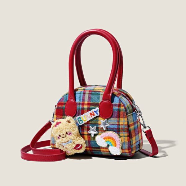 Plaid ins bag girl cute little brown bear fashion shoulder handbag high-value commuter coin purse crossbody bag