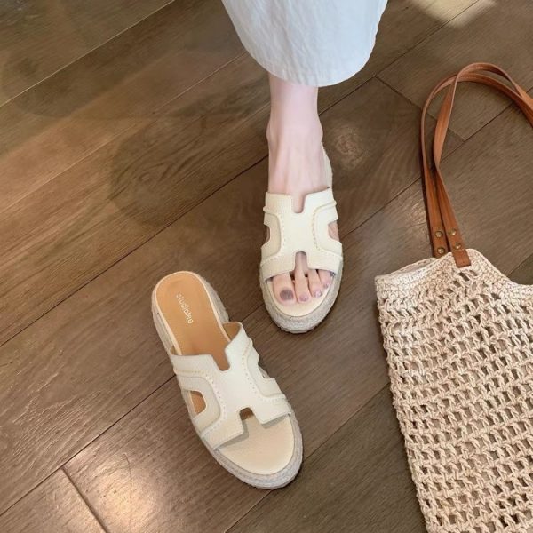 Cowhide version ~ increase height by 6cm Ruth same summer new retro one-line heightened thick sole wedge H sandals for women - Image 2