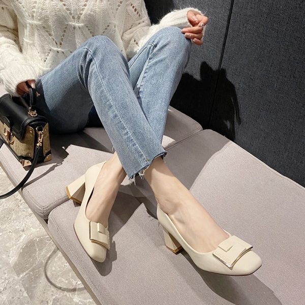 Square buckle thick heel single shoes women's 2025 new spring and autumn square toe high heels medium heel French plus size shoes women's G6850-39 - Image 4
