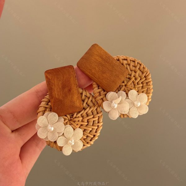 The Covenant of the Island Sea ~ Retro Exaggerated Geometric Grass and Vine Woven Earrings Resort Style 2025 New Explosive Bamboo and Rattan Earrings - Image 2