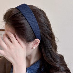 Dongdaemun fashion retro denim headband, small fragrance wide brim simple solid color hair pressed headwear, versatile Internet celebrity hair accessories